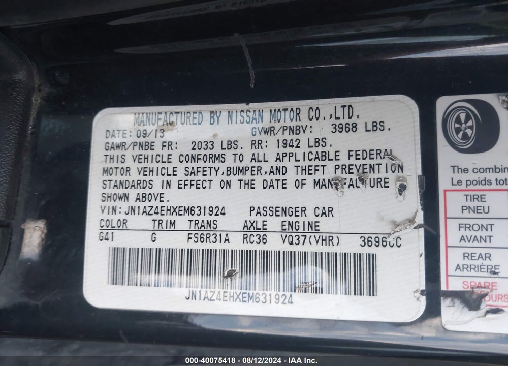 2014 NISSAN 370Z VIN: JN1AZ4EHXEM631924