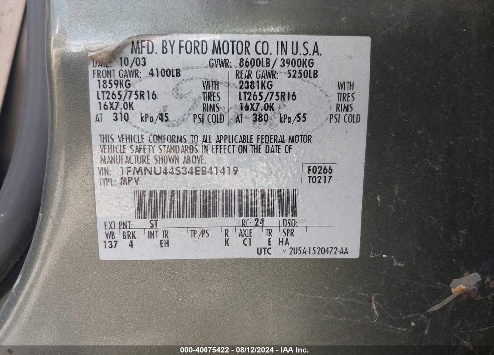 2004 FORD EXCURSION EDDIE BAUER VIN: 1FMNU44S34EB41419