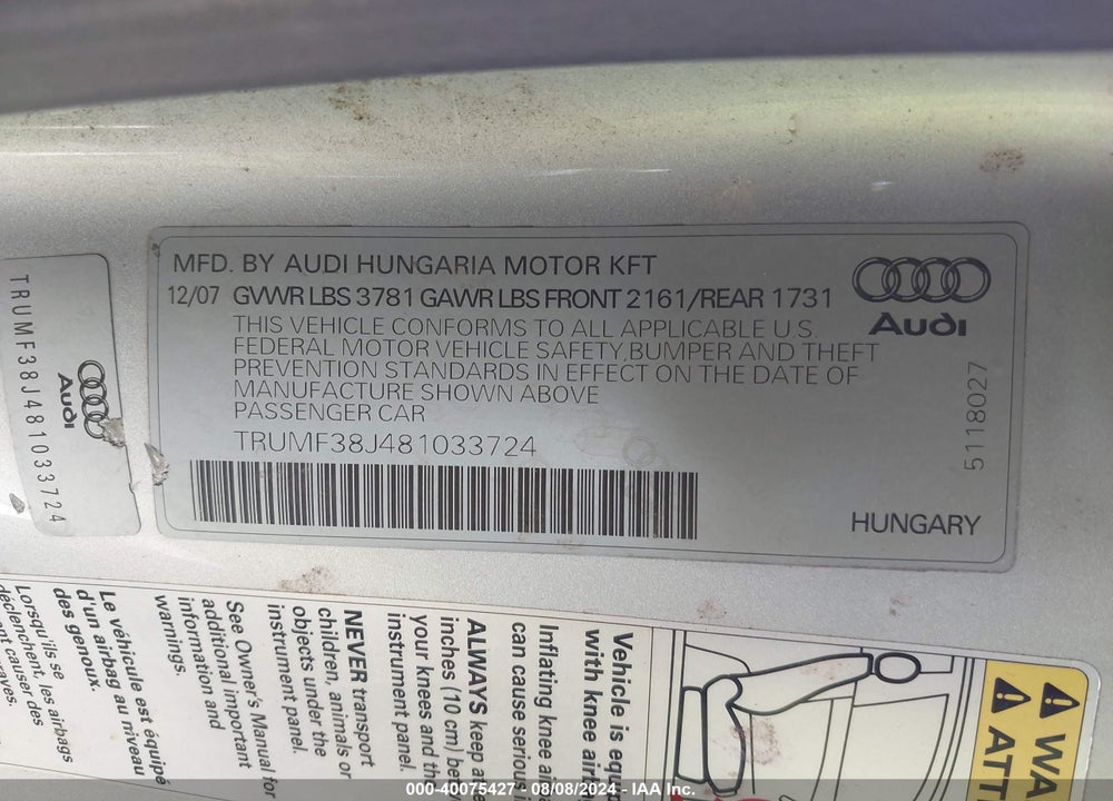 2008 AUDI TT VIN: TRUMF38J481033724
