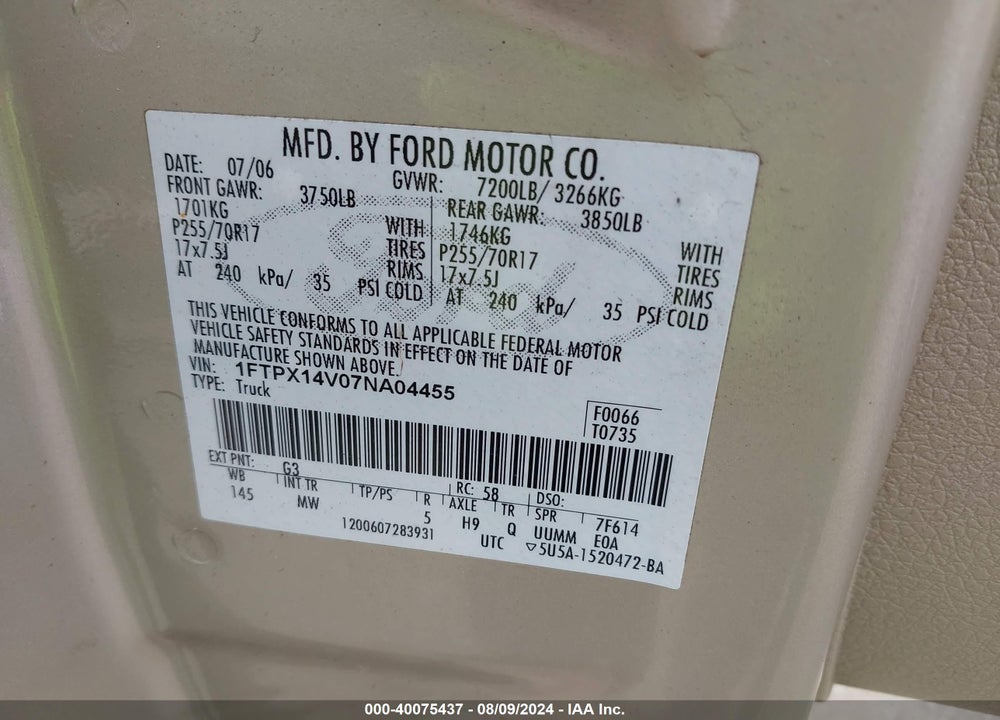 2007 FORD F-150 FX4/LARIAT/XL/XLT VIN: 1FTPX14V07NA04455