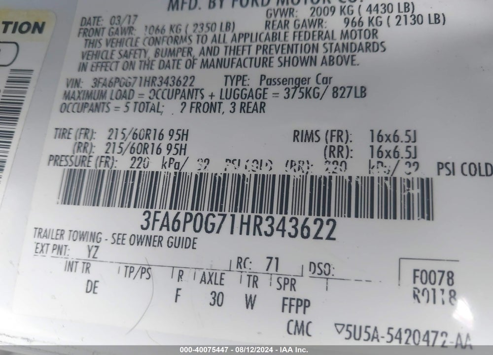 2017 FORD FUSION S VIN: 3FA6P0G71HR343622