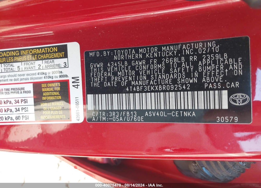2011 TOYOTA CAMRY LE VIN: 4T4BF3EKXBR092542
