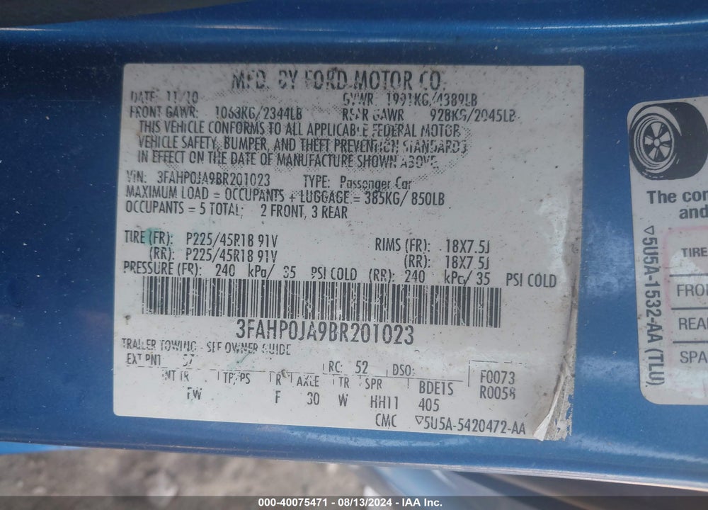2011 FORD FUSION SEL VIN: 3FAHP0JA9BR201023