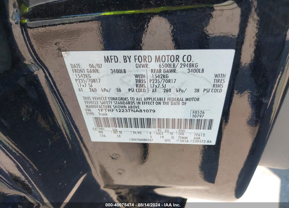 2007 FORD F-150 STX/XL/XLT VIN: 1FTRF12237NA81079
