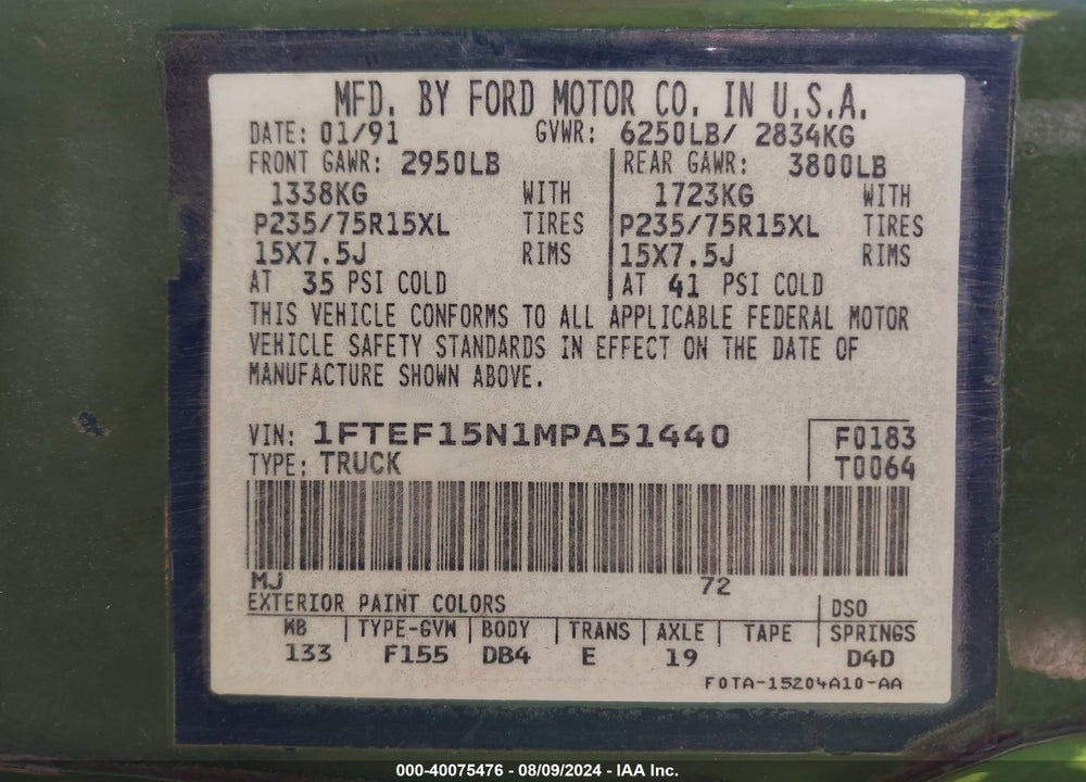 1991 FORD F150 VIN: 1FTEF15N1MPA51440