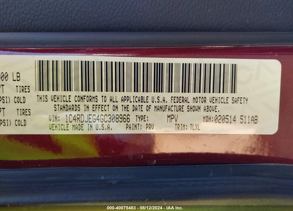 2016 DODGE DURANGO CITADEL VIN: 1C4RDJEG4GC308966