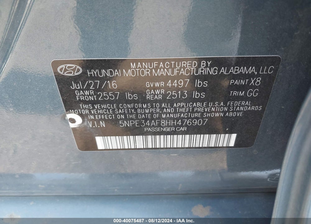 2017 HYUNDAI SONATA SPORT VIN: 5NPE34AF8HH476907