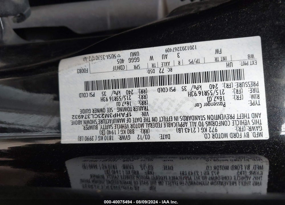 2012 FORD FOCUS SEL VIN: 1FAHP3M23CL374932