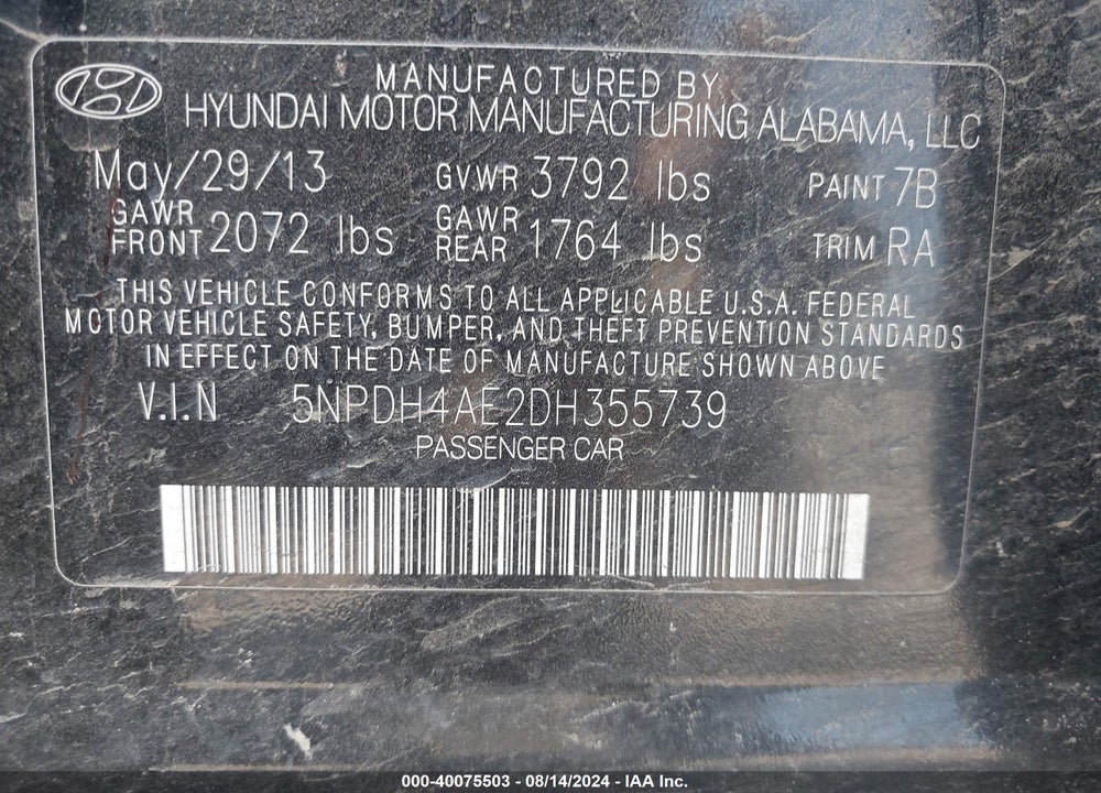 2013 HYUNDAI ELANTRA GLS VIN: 5NPDH4AE2DH355739