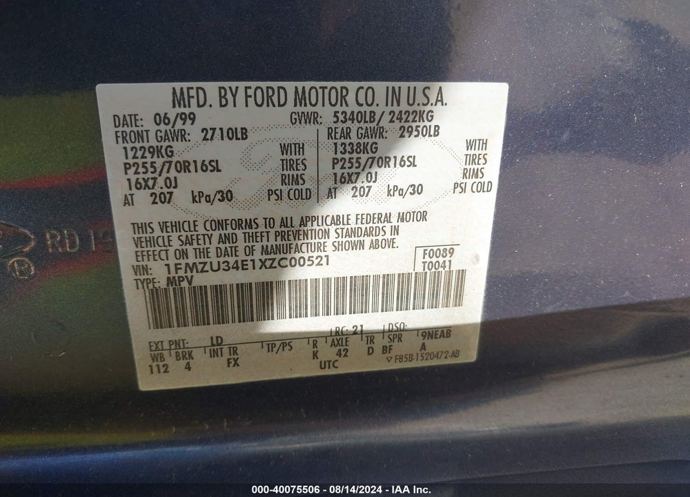 1999 FORD EXPLORER EDDIE BAUER/LIMITED/XLT VIN: 1FMZU34E1XZC00521