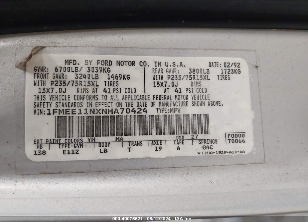1992 FORD ECONOLINE E150 VIN: 1FMEE11NXNHA70424