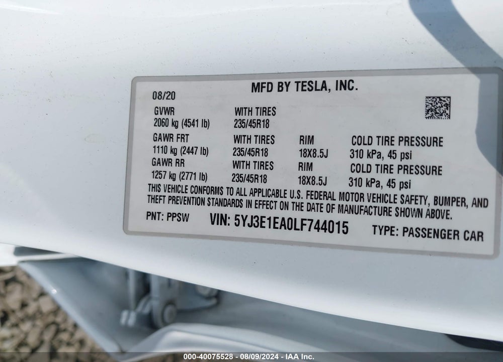 2020 TESLA MODEL 3 STANDARD RANGE PLUS REAR-WHEEL DRIVE/STANDARD RANGE REAR-WHEEL DRIVE VIN: 5YJ3E1EA0LF744015