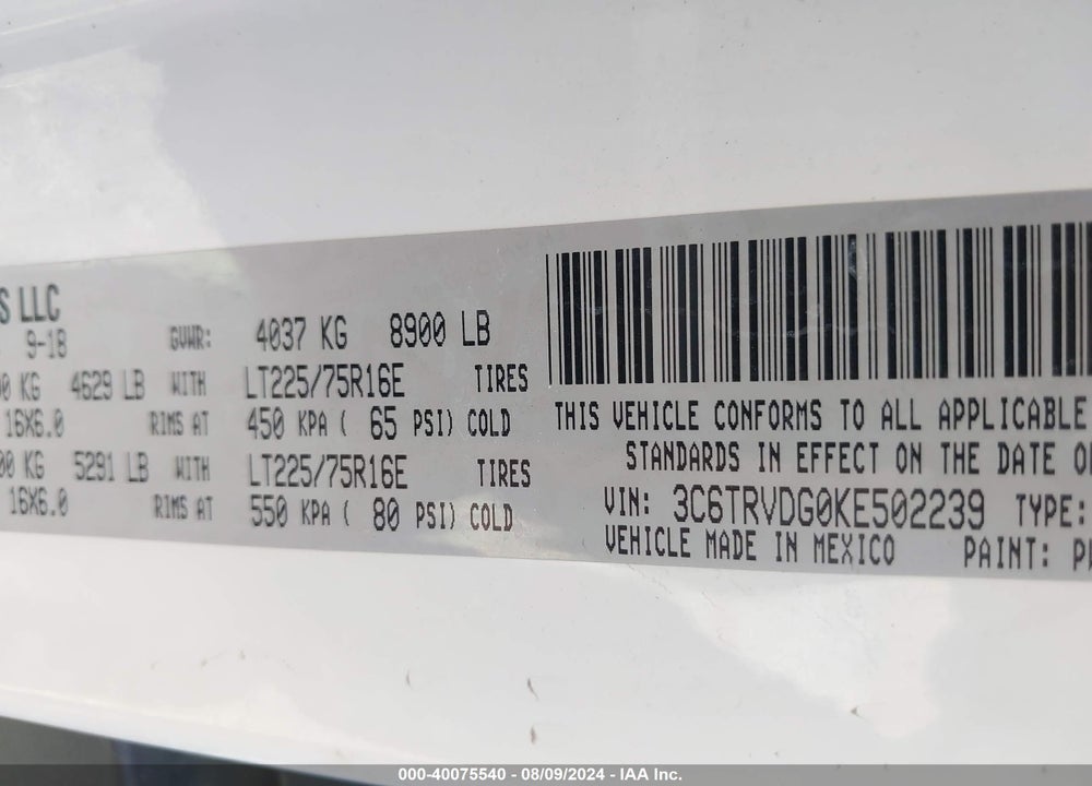 2019 RAM PROMASTER 2500 HIGH ROOF 159 WB VIN: 3C6TRVDG0KE502239