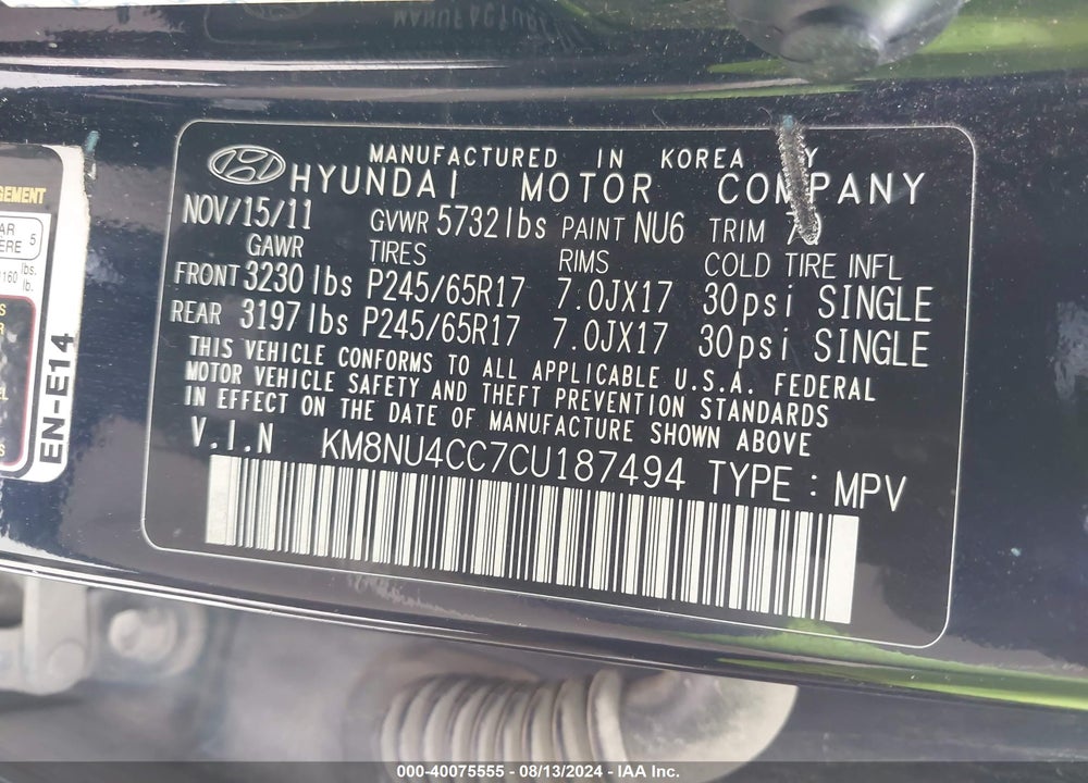 2012 HYUNDAI VERACRUZ GLS VIN: KM8NU4CC7CU187494