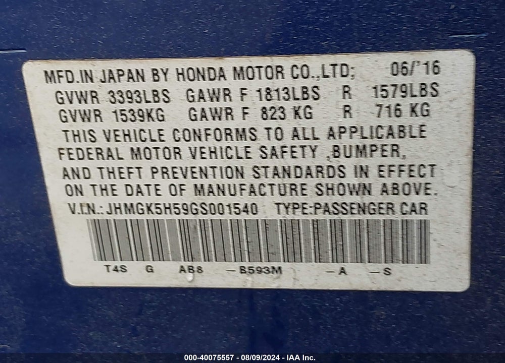 2016 HONDA FIT LX VIN: JHMGK5H59GS001540