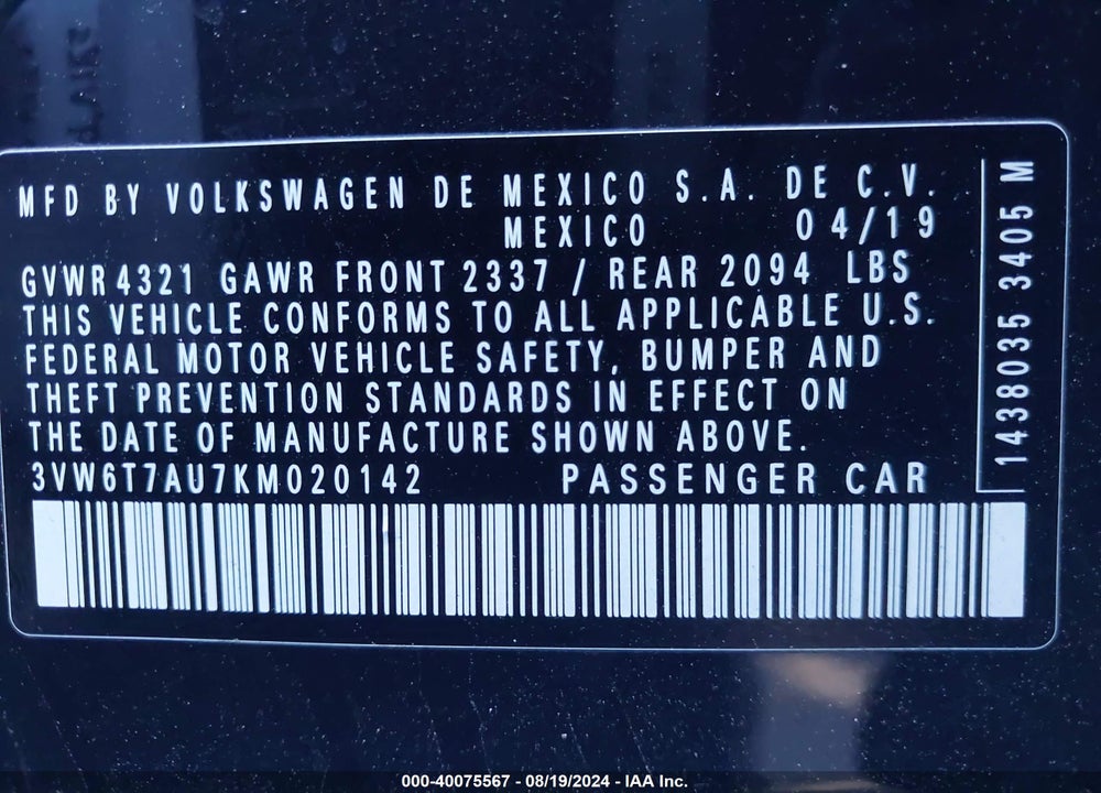 2019 VOLKSWAGEN GOLF GTI 2.0T AUTOBAHN/2.0T RABBIT EDITION/2.0T S/2.0T SE VIN: 3VW6T7AU7KM020142