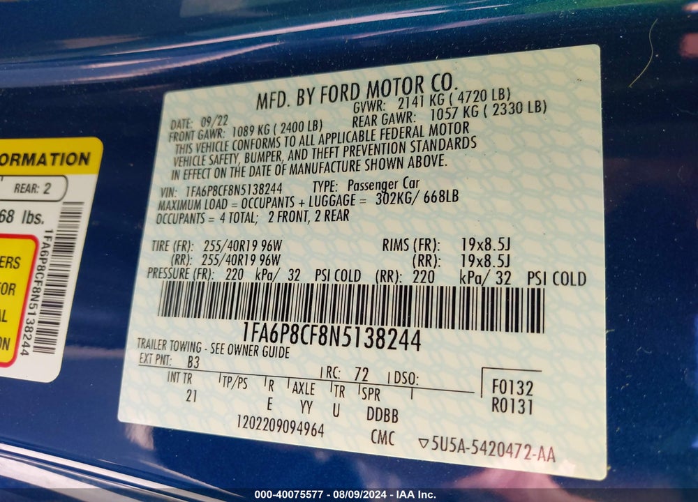 2022 FORD MUSTANG GT FASTBACK VIN: 1FA6P8CF8N5138244
