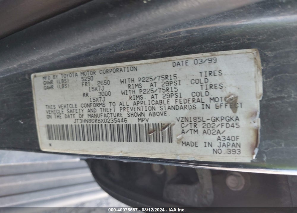 1999 TOYOTA 4RUNNER SR5 V6 VIN: JT3HN86R8X0235446