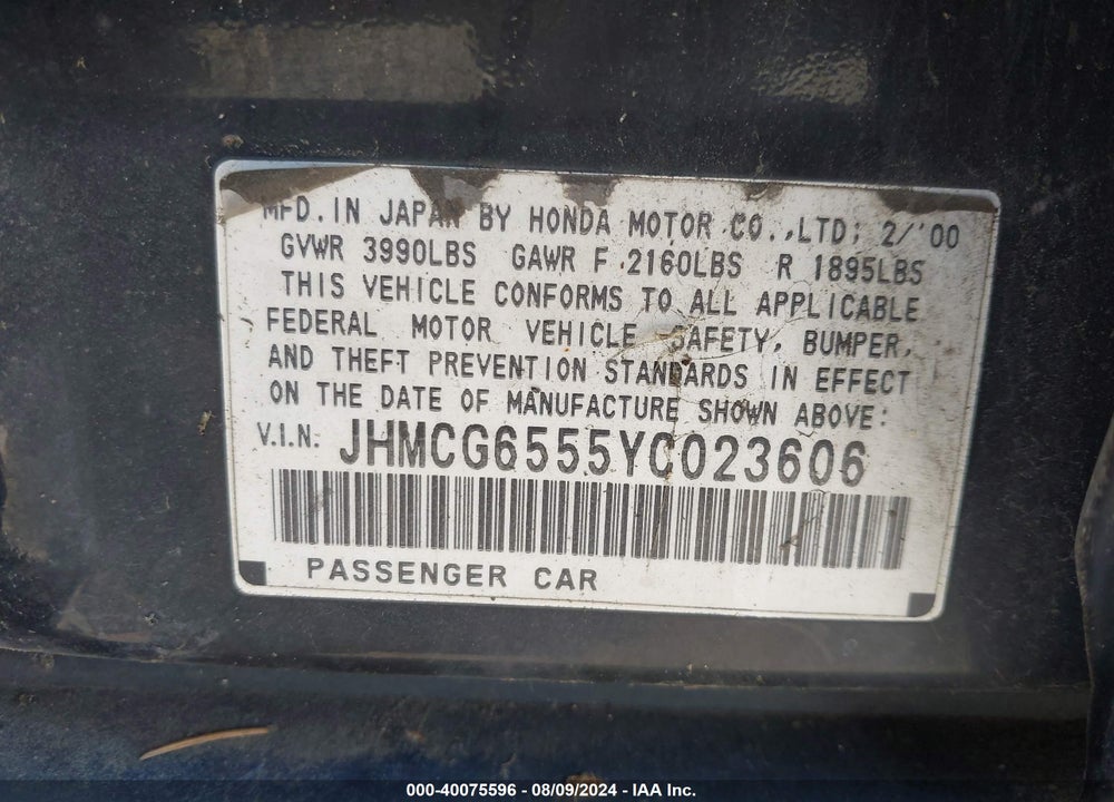2000 HONDA ACCORD 2.3 LX VIN: JHMCG6555YC023606