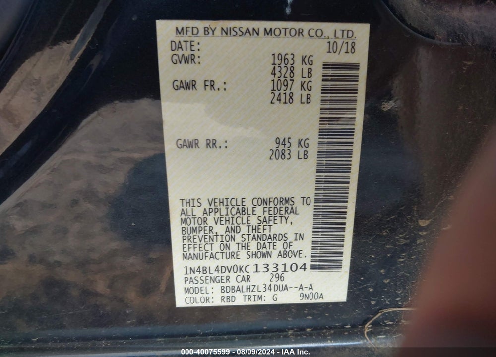 2019 NISSAN ALTIMA 2.5 SV VIN: 1N4BL4DV0KC133104