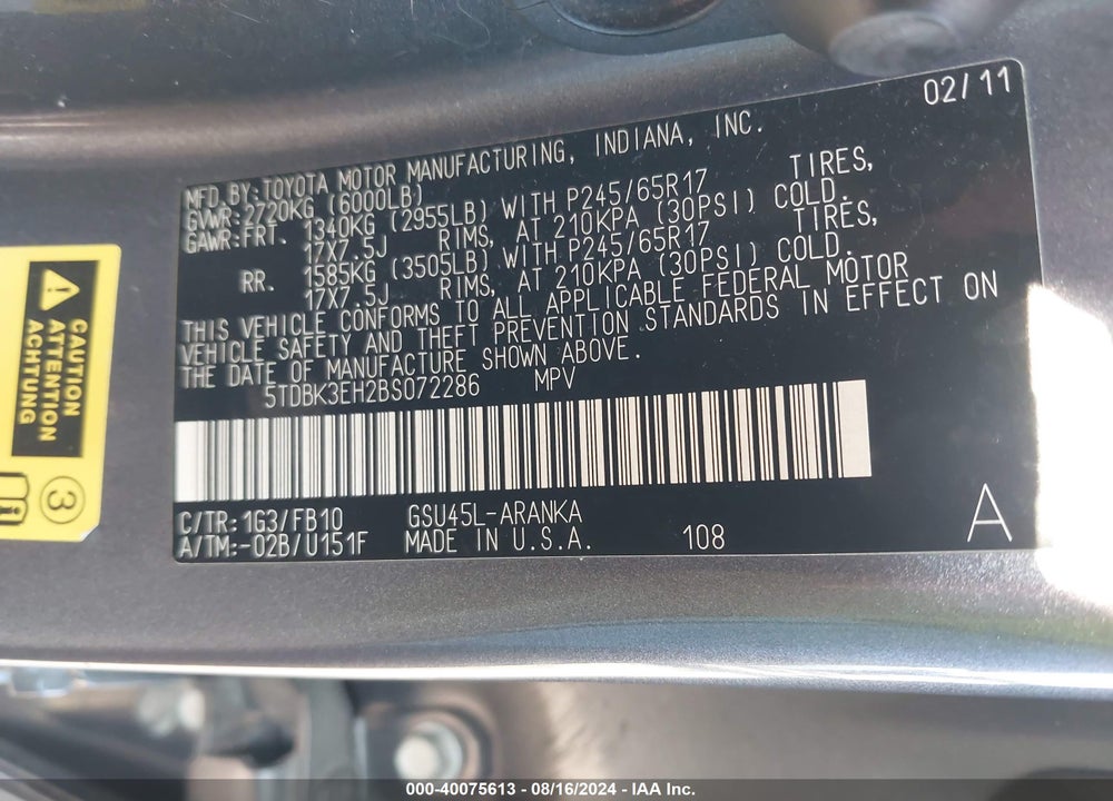 2011 TOYOTA HIGHLANDER BASE V6 VIN: 5TDBK3EH2BS072286