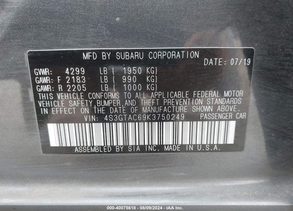 2019 SUBARU IMPREZA 2.0I PREMIUM VIN: 4S3GTAC69K3750249