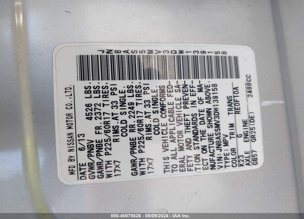 2013 NISSAN ROGUE VIN: JN8AS5MV3DW139158