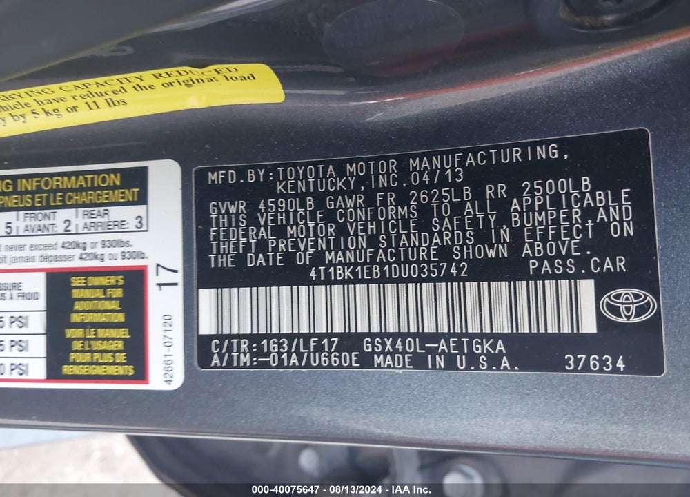 2013 TOYOTA AVALON VIN: 4T1BK1EB1DU035742