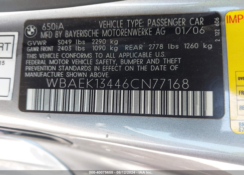 2006 BMW 650I VIN: WBAEK13446CN77168