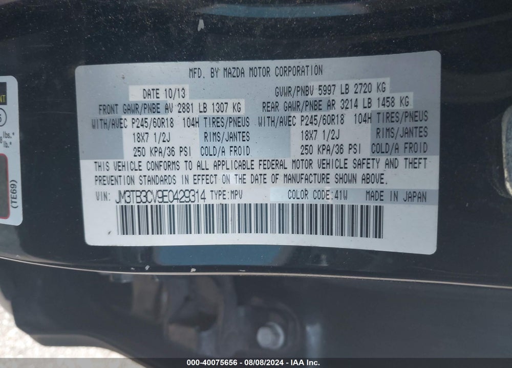 2014 MAZDA CX-9 TOURING VIN: JM3TB3CV9E0429314