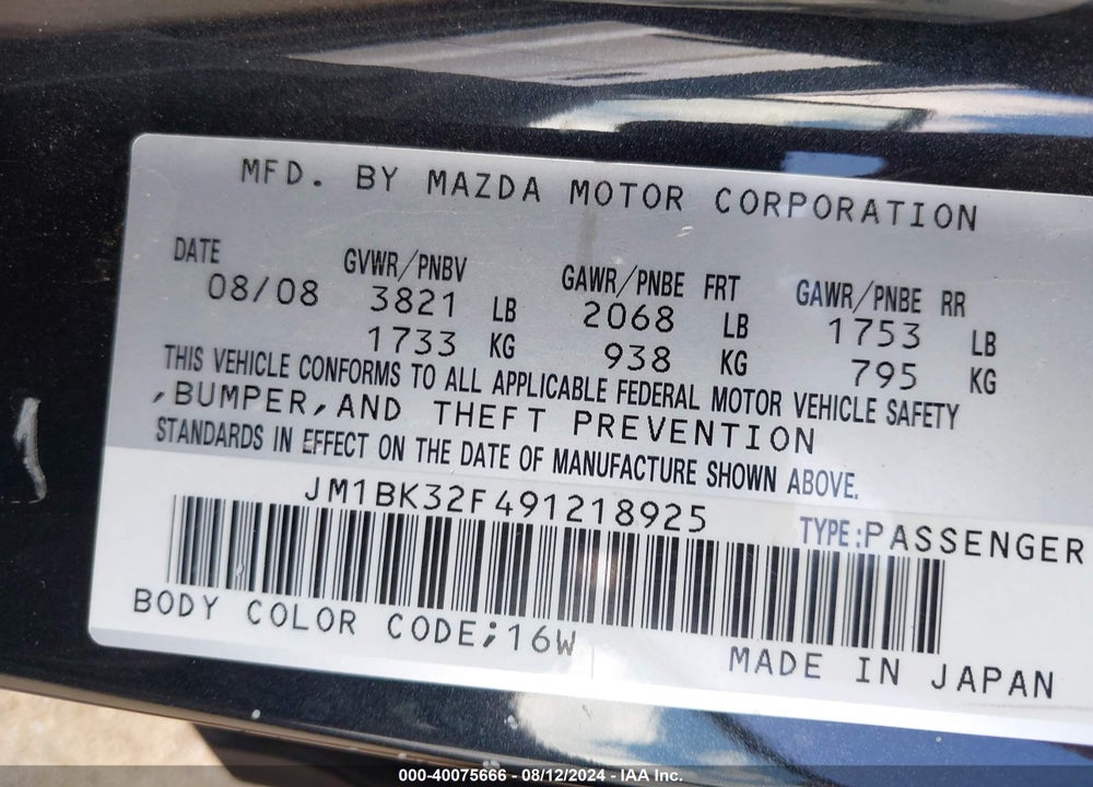 2009 MAZDA 3 I VIN: JM1BK32F491218925