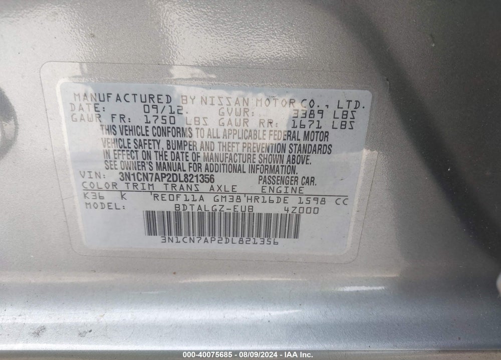2013 NISSAN VERSA 1.6 SL VIN: 3N1CN7AP2DL821356