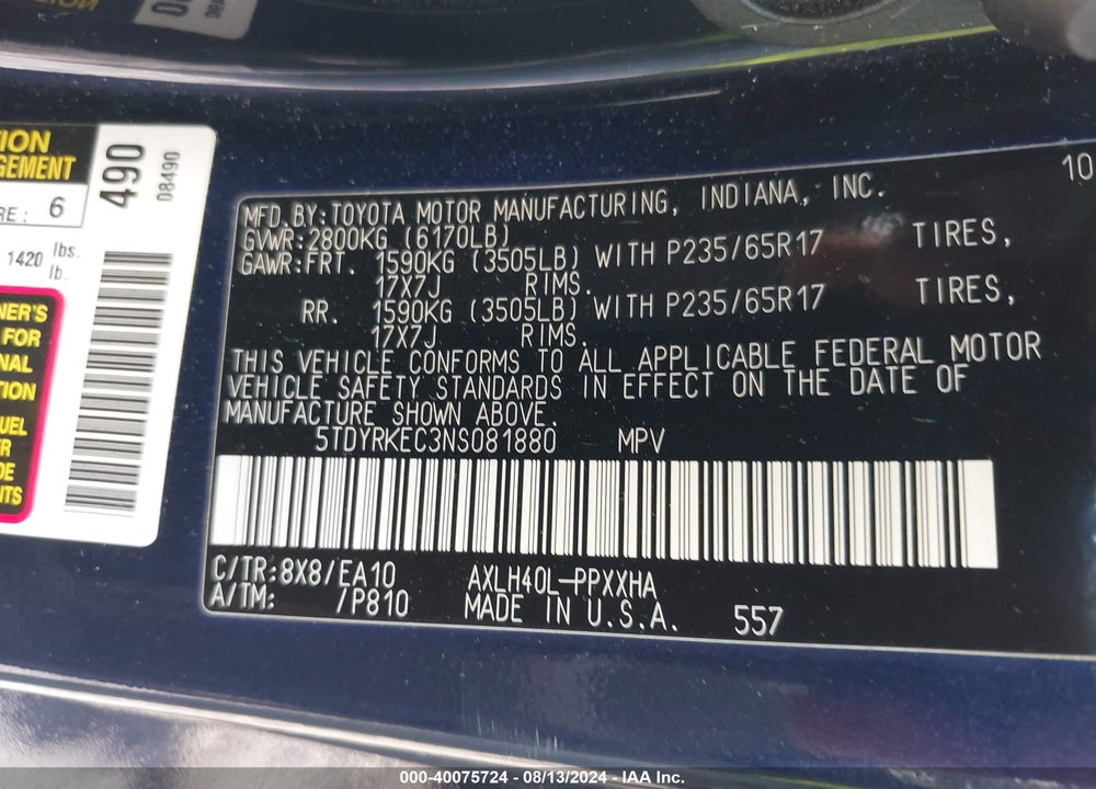 2022 TOYOTA SIENNA XLE VIN: 5TDYRKEC3NS081880