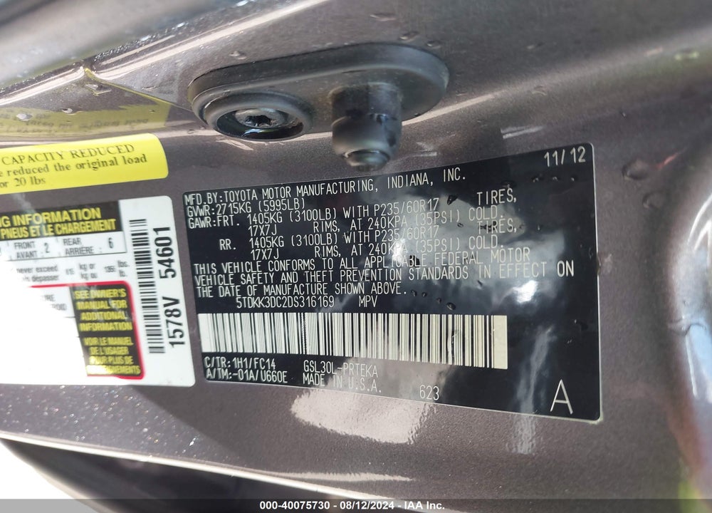 2013 TOYOTA SIENNA LE V6 8 PASSENGER VIN: 5TDKK3DC2DS316169