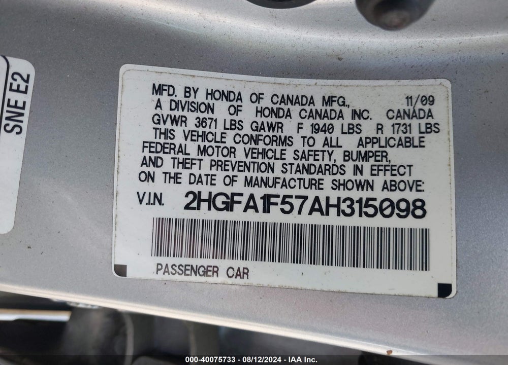 2010 HONDA CIVIC LX VIN: 2HGFA1F57AH315098