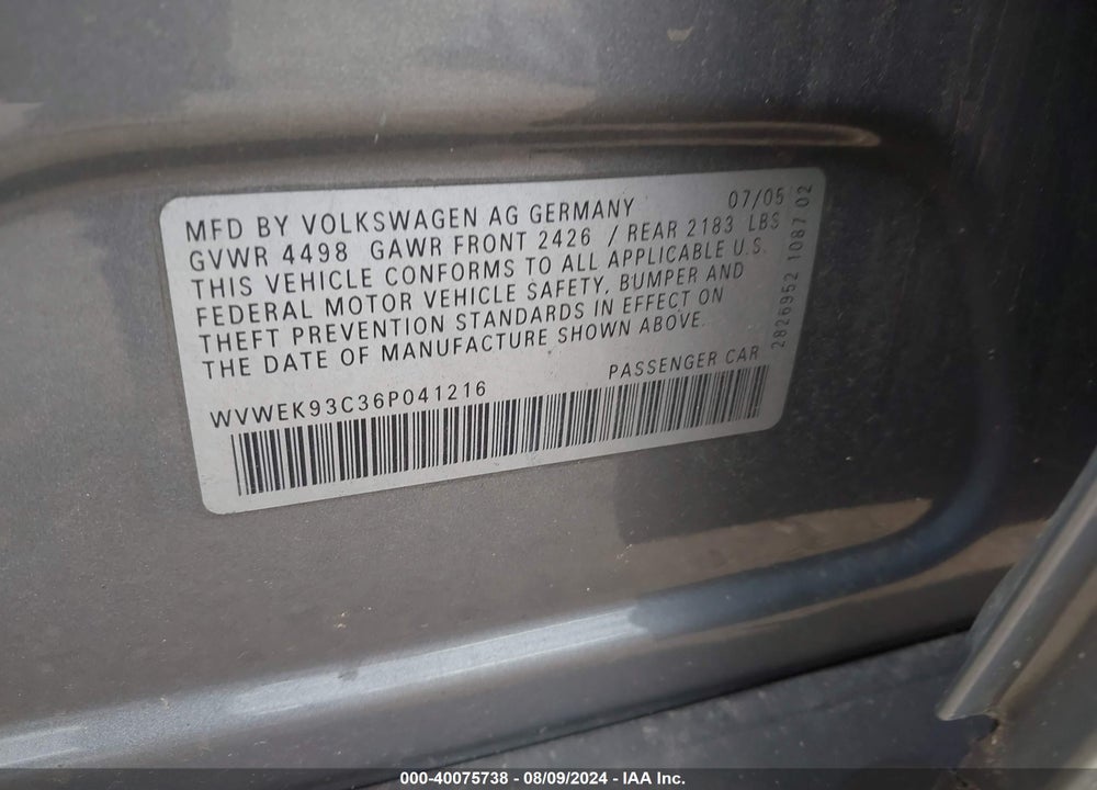 2006 VOLKSWAGEN PASSAT 2.0T VIN: WVWEK93C36P041216