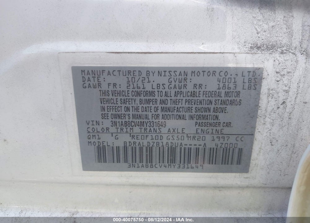 2021 NISSAN SENTRA SV XTRONIC CVT VIN: 3N1AB8CV4MY331649