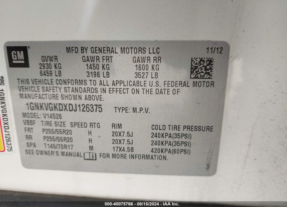 2013 CHEVROLET TRAVERSE 1LT VIN: 1GNKVGKDXDJ126375