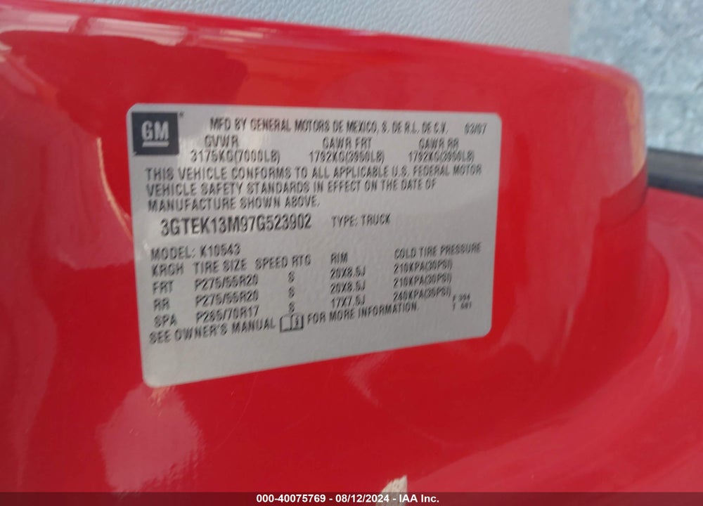 2007 GMC SIERRA 1500 SLT VIN: 3GTEK13M97G523902