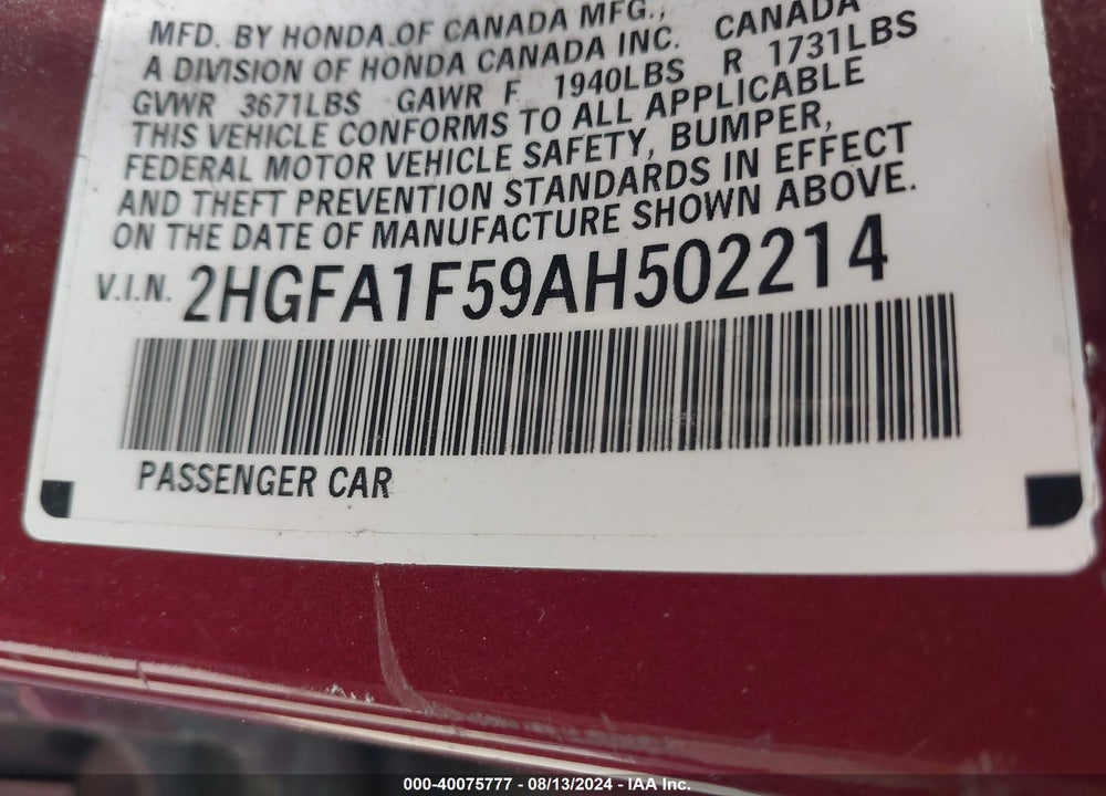 2010 HONDA CIVIC LX VIN: 2HGFA1F59AH502214