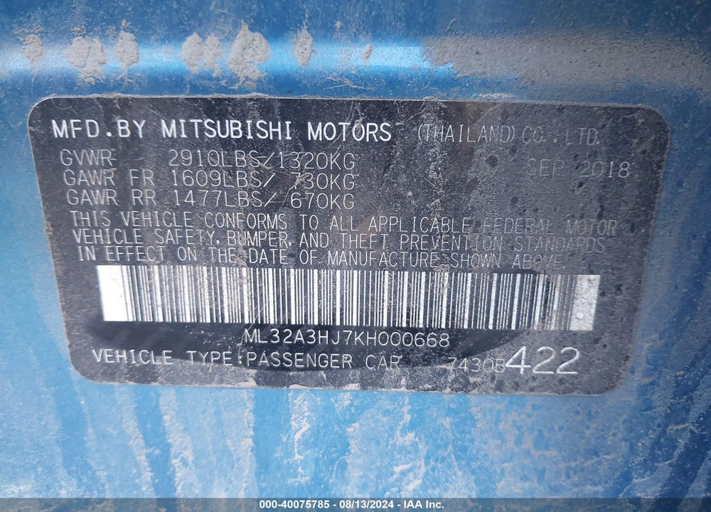 2019 MITSUBISHI MIRAGE ES VIN: ML32A3HJ7KH000668