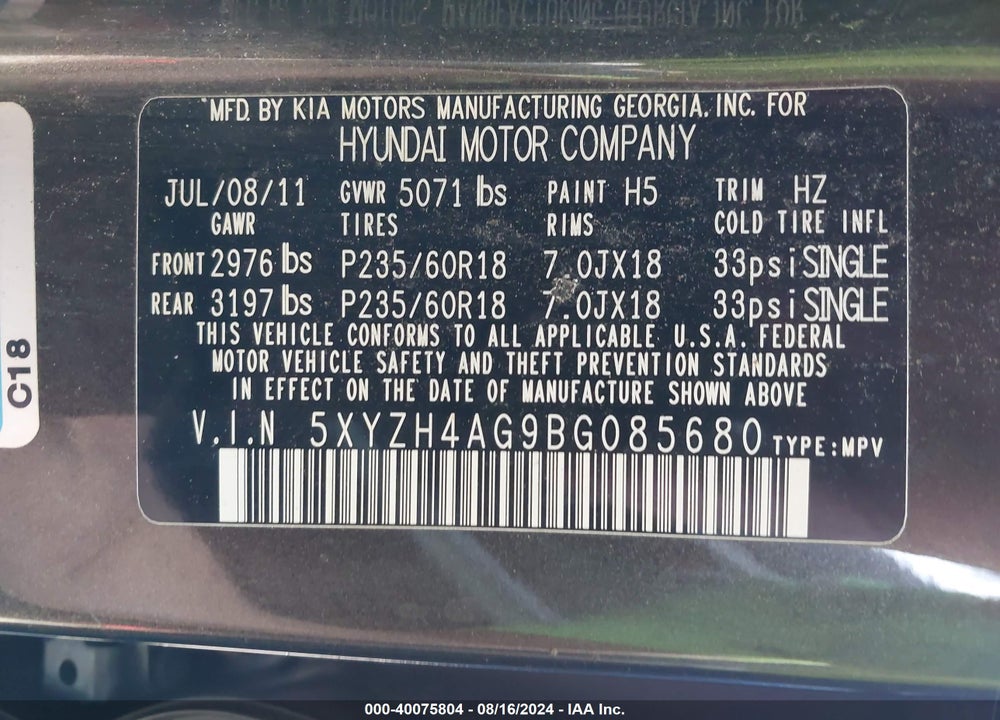 2011 HYUNDAI SANTA FE SE VIN: 5XYZH4AG9BG085680