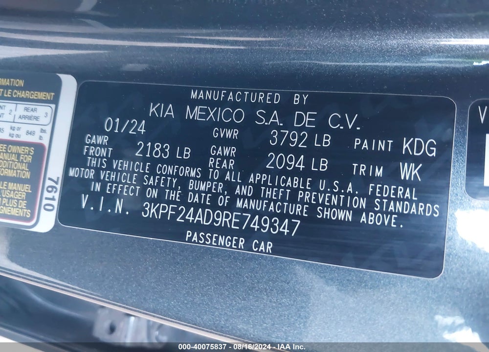 2024 KIA FORTE LXS VIN: 3KPF24AD9RE749347