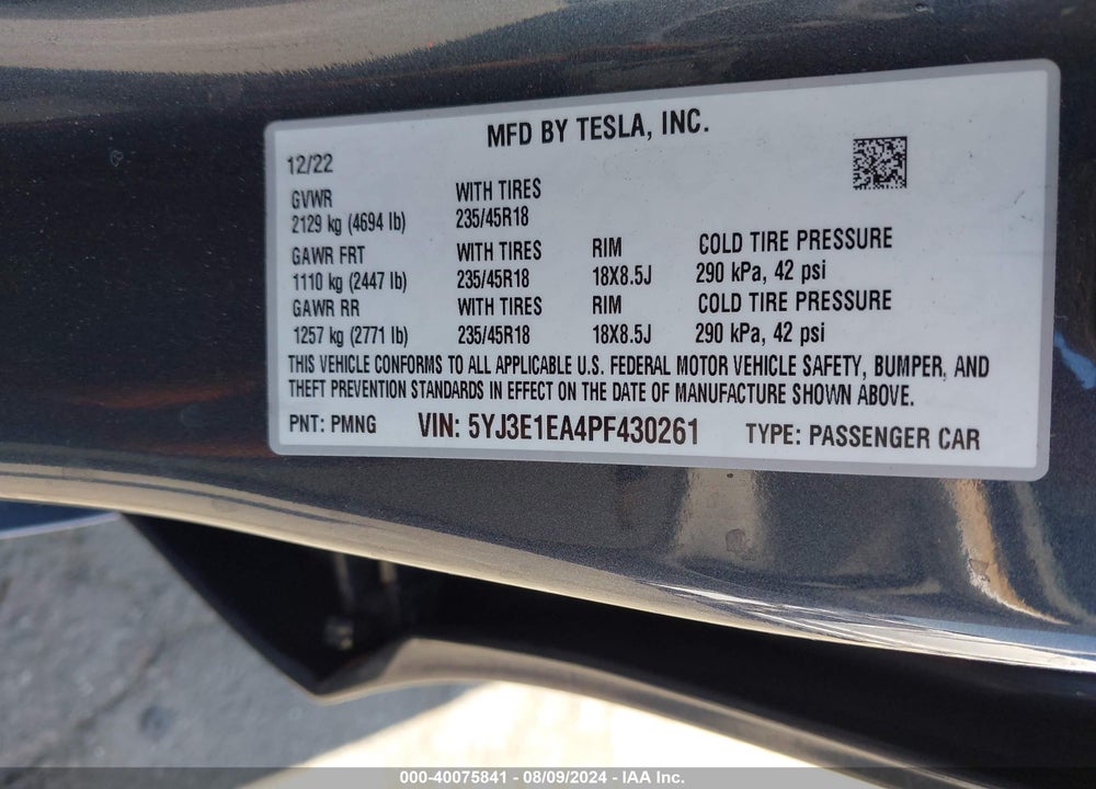 2023 TESLA MODEL 3 REAR-WHEEL DRIVE VIN: 5YJ3E1EA4PF430261