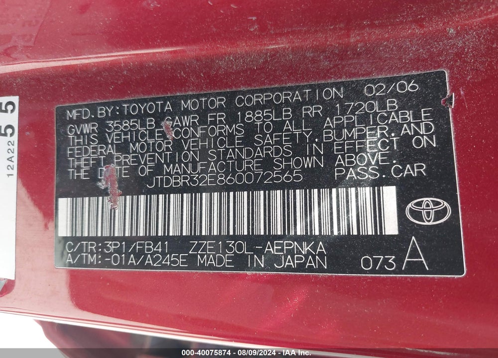2006 TOYOTA COROLLA LE VIN: JTDBR32E860072565