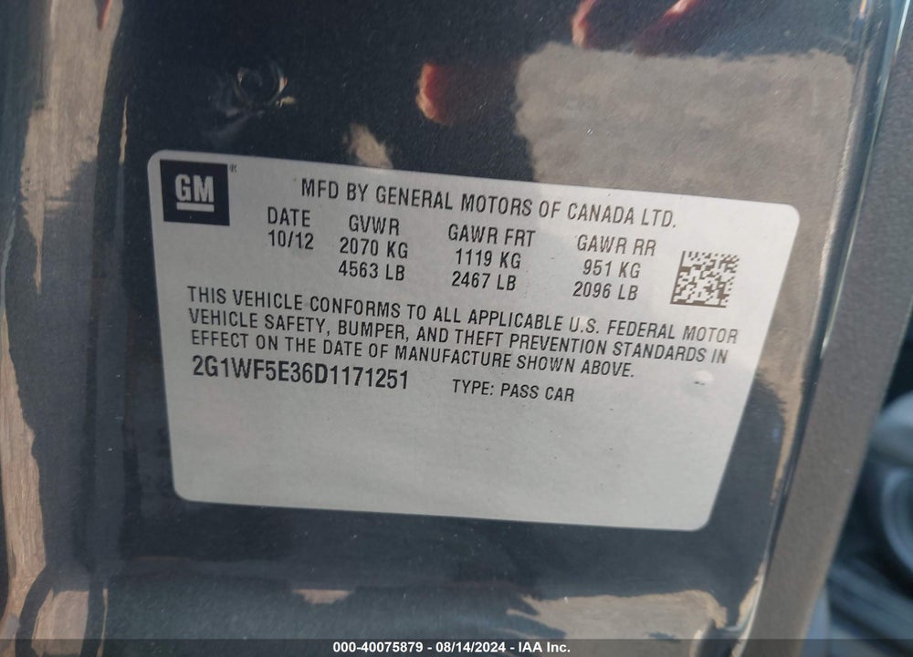 2013 CHEVROLET IMPALA LS VIN: 2G1WF5E36D1171251