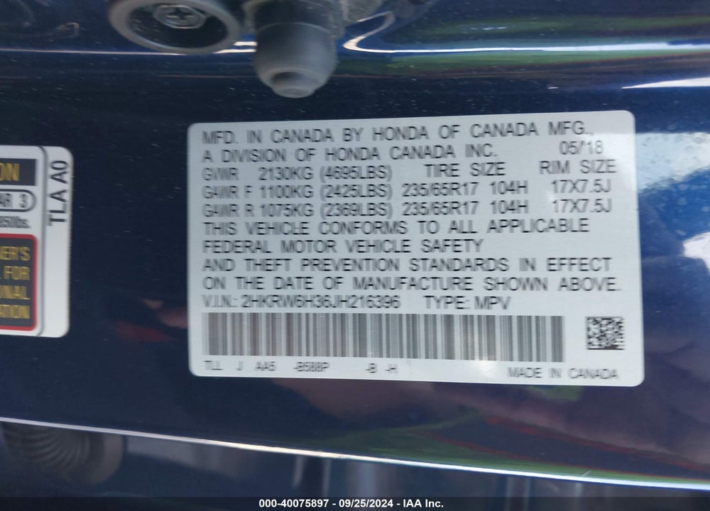 2018 HONDA CR-V LX VIN: 2HKRW6H36JH216396
