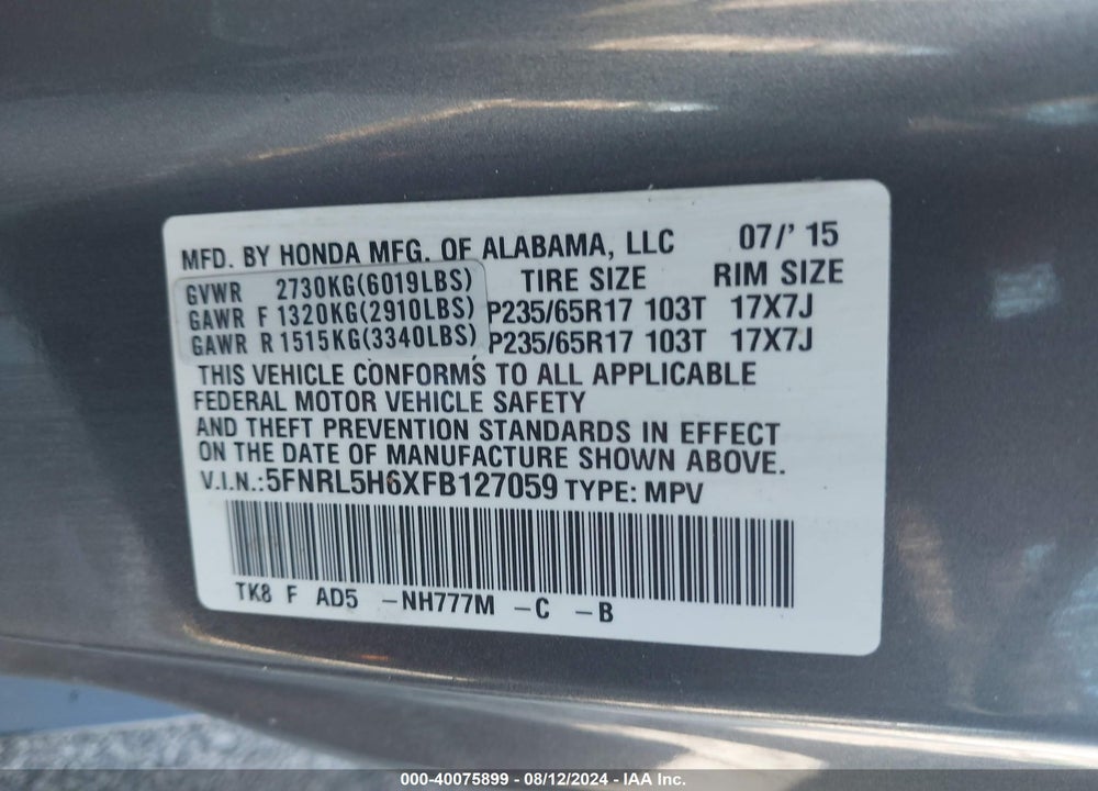 2015 HONDA ODYSSEY EX-L VIN: 5FNRL5H6XFB127059