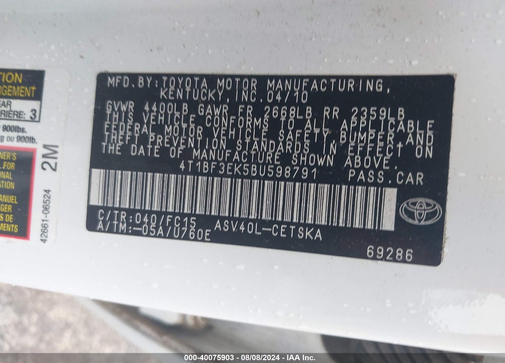 2011 TOYOTA CAMRY SE VIN: 4T1BF3EK5BU598791