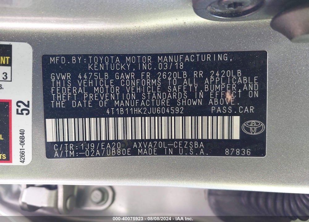 2018 TOYOTA CAMRY SE VIN: 4T1B11HK2JU604592